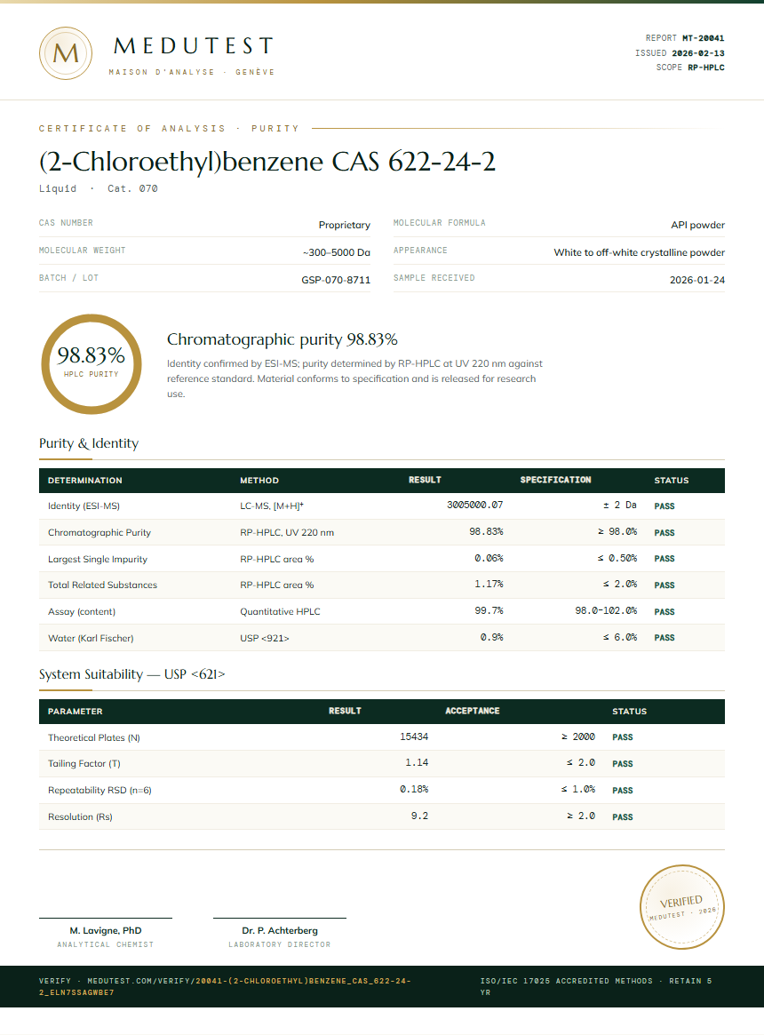 (2-Chloroethyl)benzene CAS 622-24-2 Purity (HPLC) report by Medutest