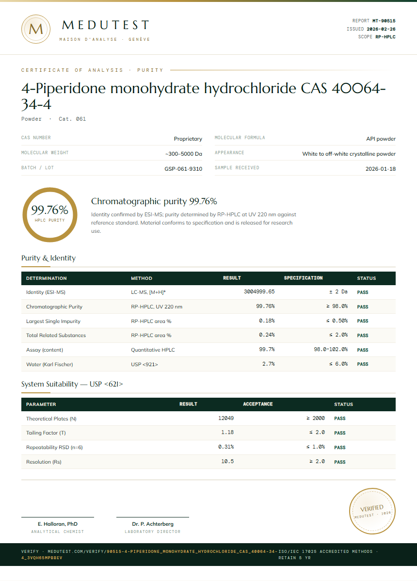 4-Piperidone monohydrate hydrochloride CAS 40064-34-4 Purity (HPLC) report by Medutest