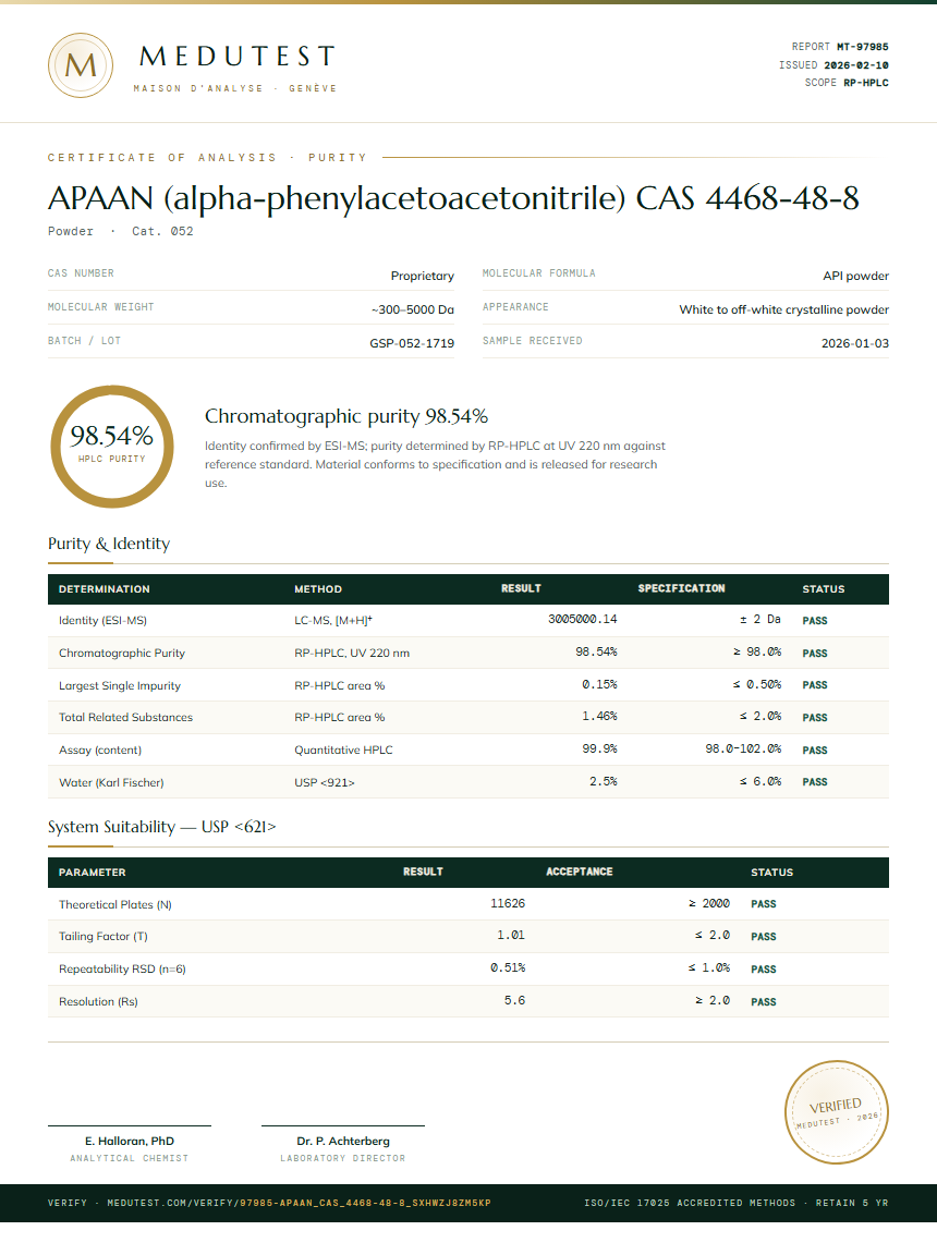 APAAN (alpha-phenylacetoacetonitrile) CAS 4468-48-8 Purity (HPLC) report by Medutest