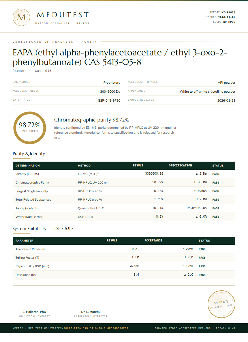 EAPA (ethyl alpha-phenylacetoacetate / ethyl 3-oxo-2-phenylbutanoate) CAS 5413-05-8 Purity (HPLC) report by Medutest