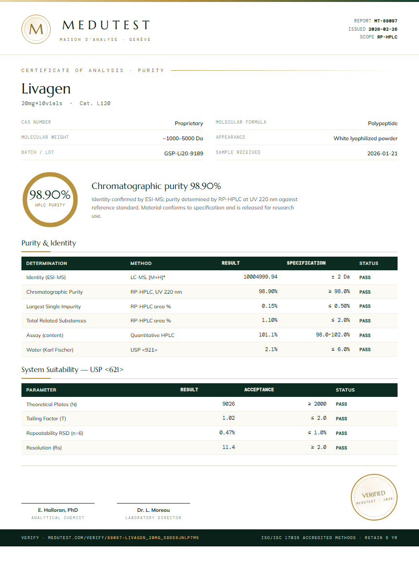 Livagen Purity (HPLC) report by Medutest