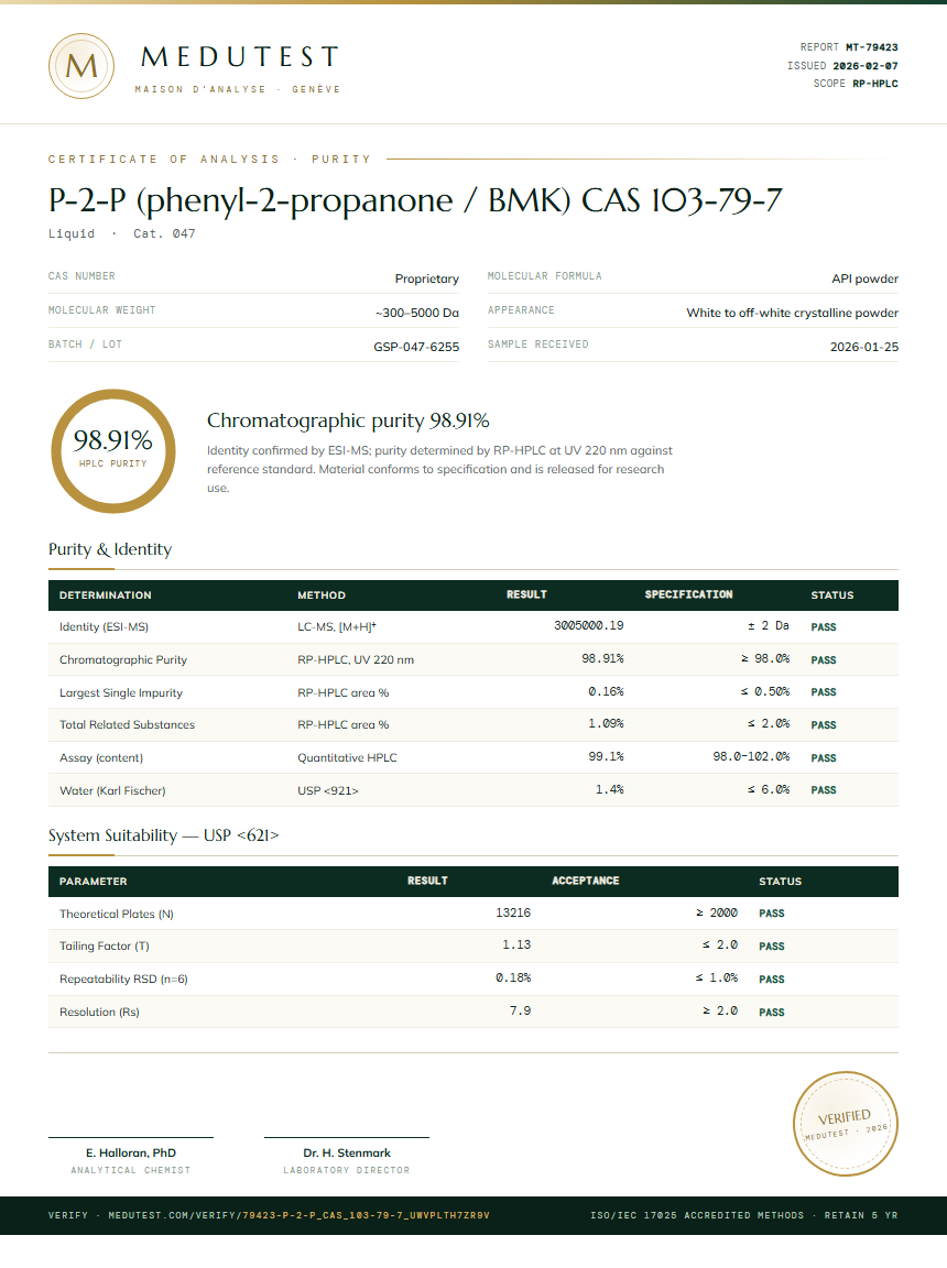 P-2-P (phenyl-2-propanone / BMK) CAS 103-79-7 Purity (HPLC) report by Medutest