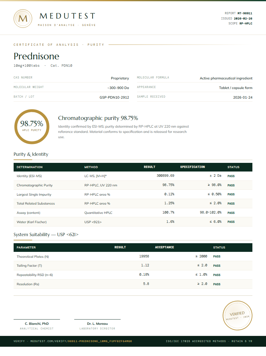 Prednisone Purity (HPLC) report by Medutest