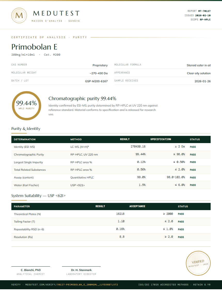 Primobolan E Purity (HPLC) report by Medutest