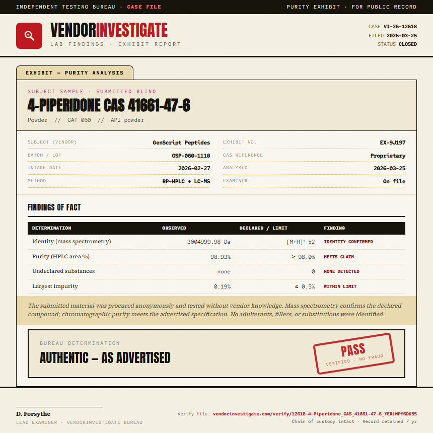 4-Piperidone CAS 41661-47-6 Purity (HPLC) report by VendorInvestigate