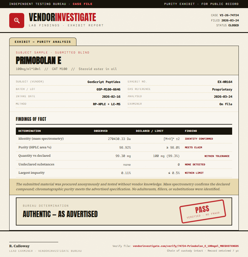 Primobolan E Purity (HPLC) report by VendorInvestigate