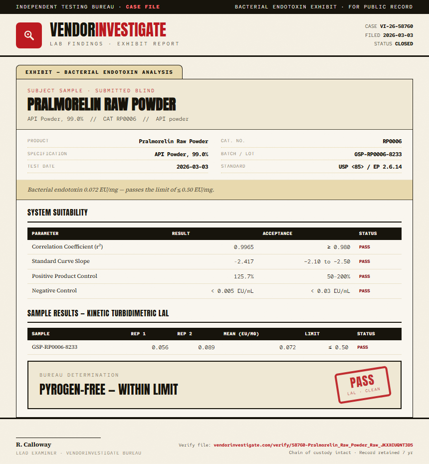 Pralmorelin Raw Powder Endotoxin report by VendorInvestigate